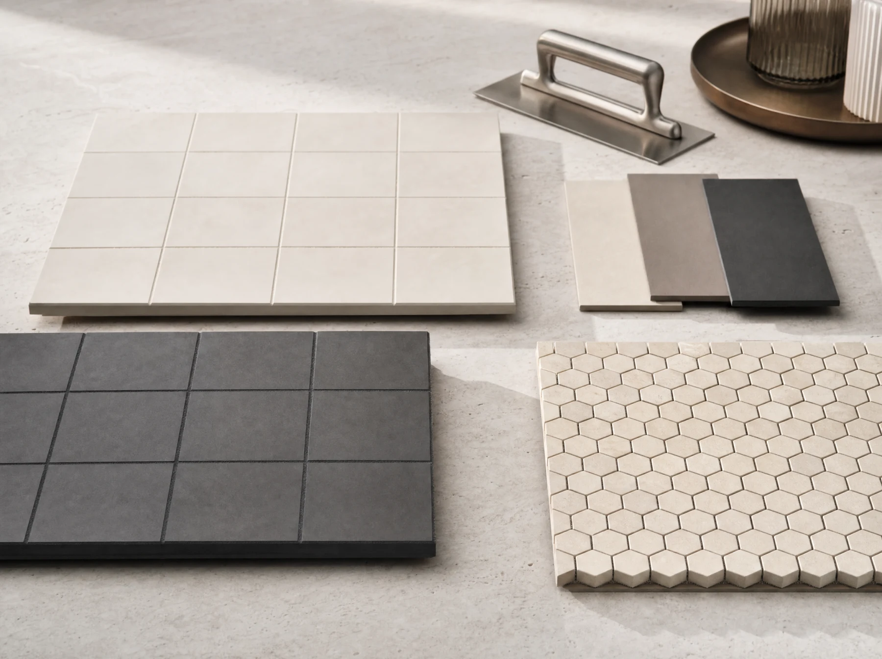 Light, dark, and mosaic tile samples showing different grout color directions