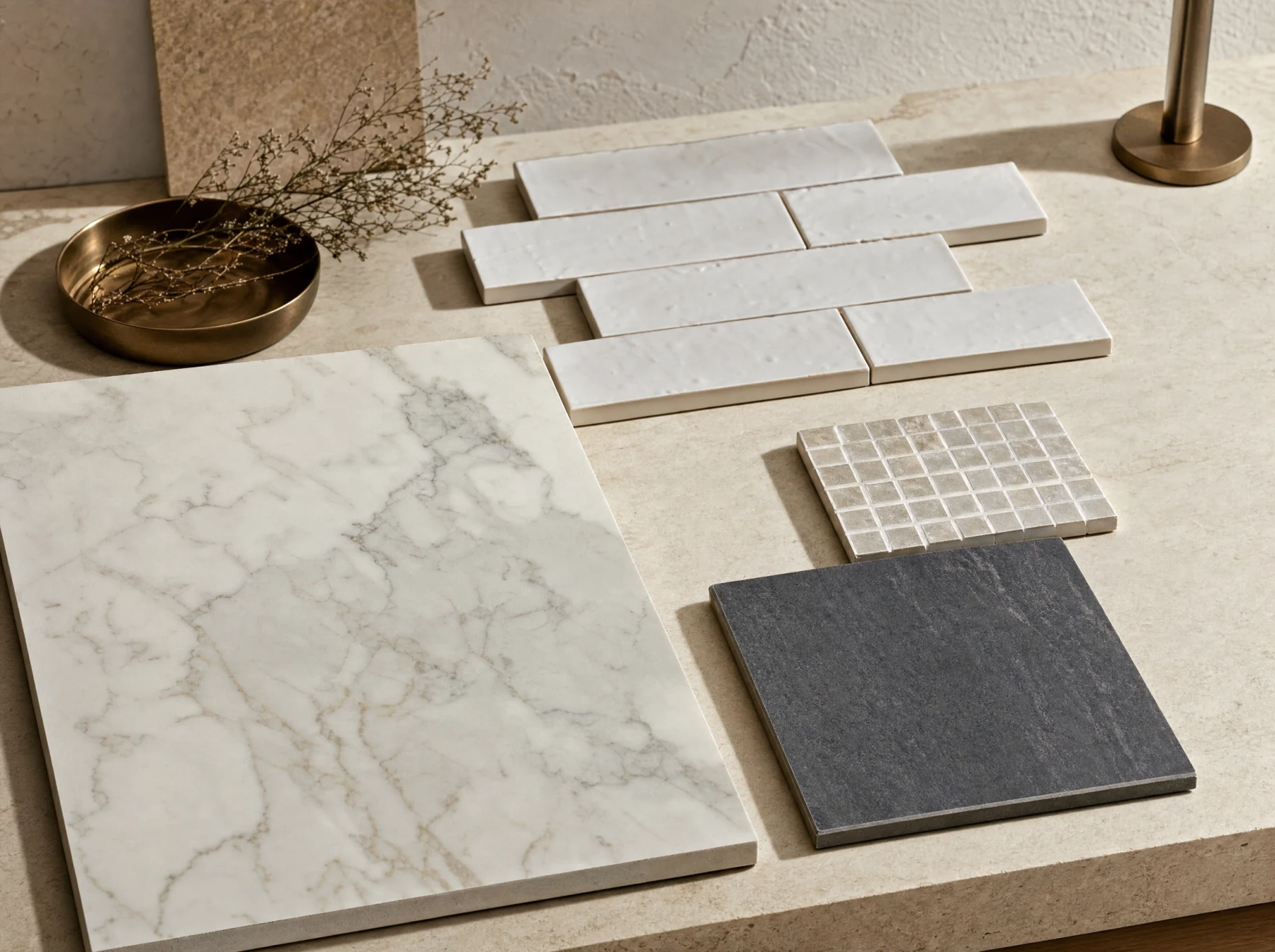 Porcelain and ceramic tile samples arranged on a showroom worktable