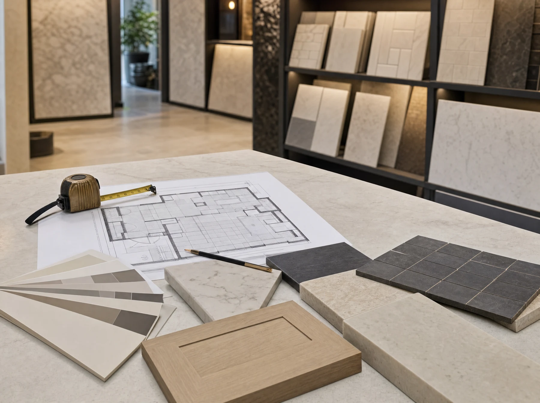 Floor plan, measurements, cabinet finish, countertop, and tile samples prepared for a showroom visit